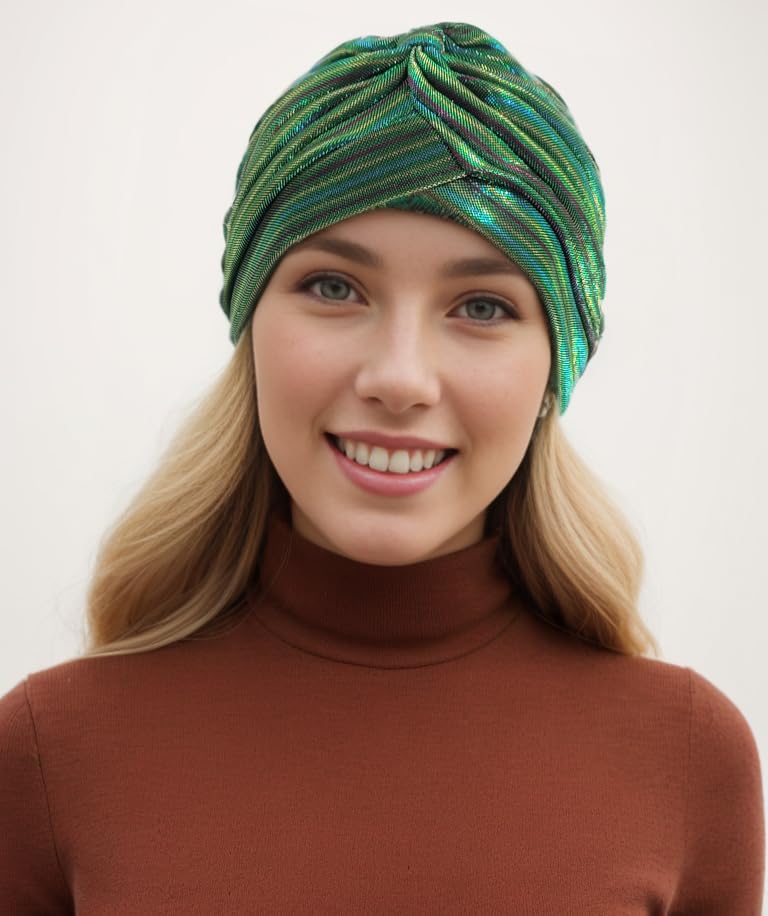 Fashion 21] Women's Pleated Glittered Turban Hat Head Wear (Green Multi) - Image 3